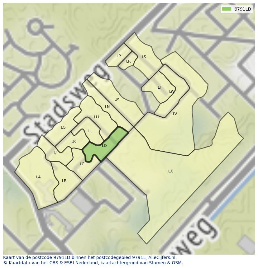 Afbeelding van het postcodegebied 9791 LD op de kaart.