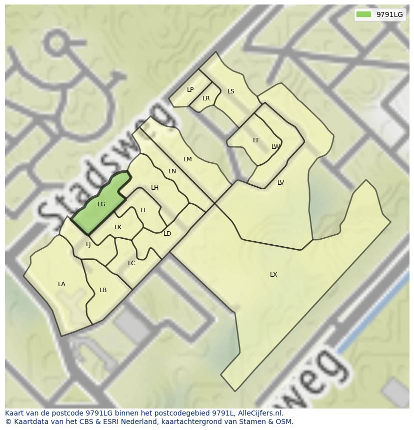 Afbeelding van het postcodegebied 9791 LG op de kaart.