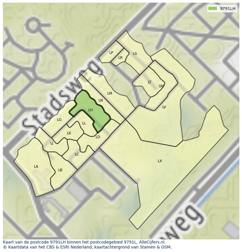 Afbeelding van het postcodegebied 9791 LH op de kaart.