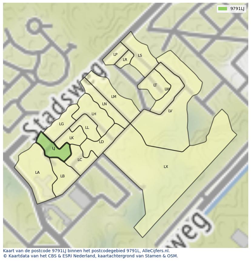 Afbeelding van het postcodegebied 9791 LJ op de kaart.