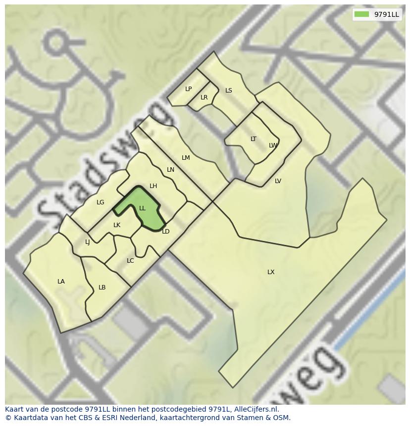 Afbeelding van het postcodegebied 9791 LL op de kaart.
