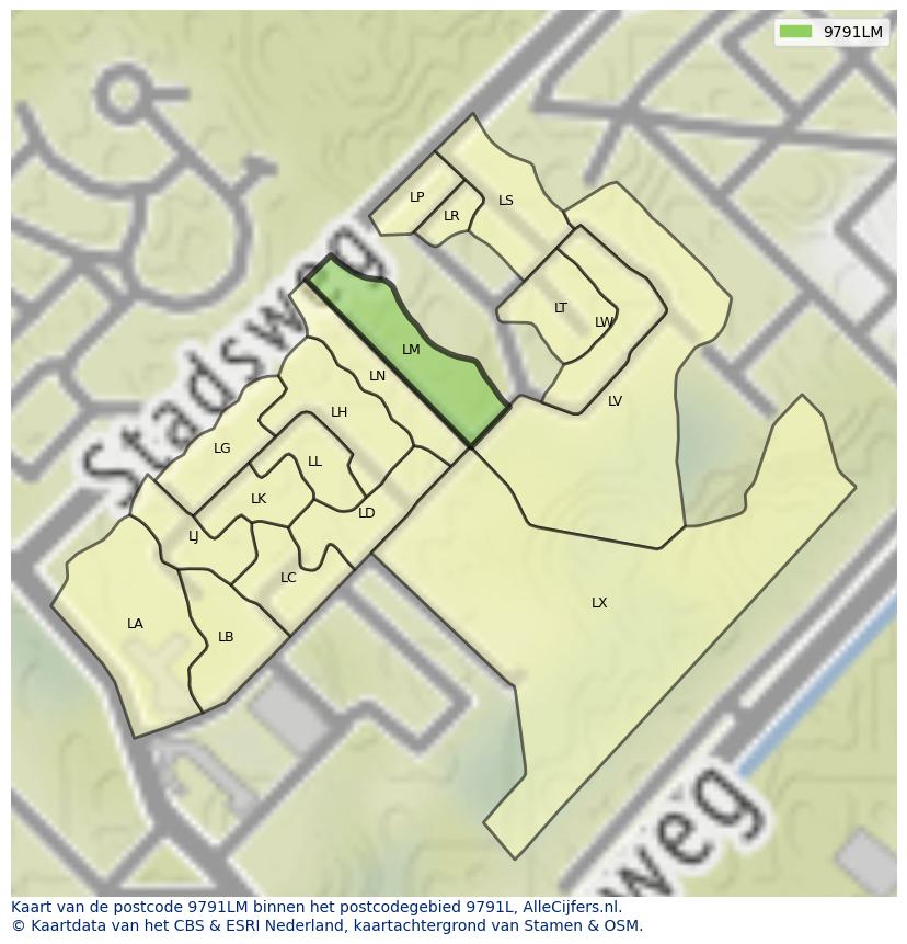 Afbeelding van het postcodegebied 9791 LM op de kaart.