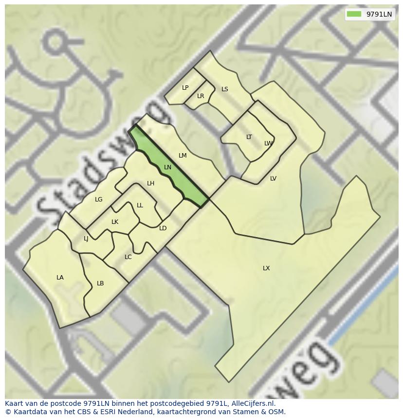 Afbeelding van het postcodegebied 9791 LN op de kaart.