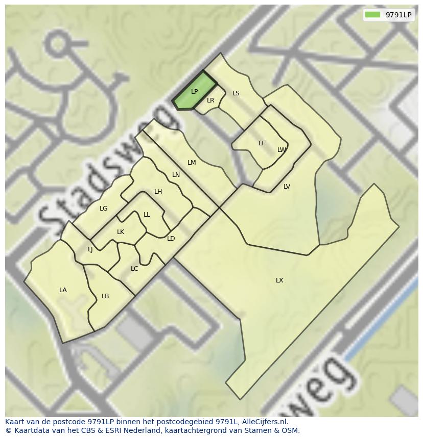 Afbeelding van het postcodegebied 9791 LP op de kaart.