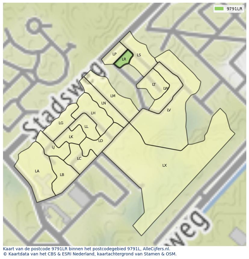 Afbeelding van het postcodegebied 9791 LR op de kaart.