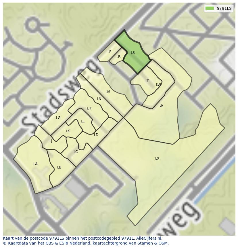 Afbeelding van het postcodegebied 9791 LS op de kaart.