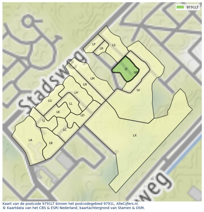 Afbeelding van het postcodegebied 9791 LT op de kaart.
