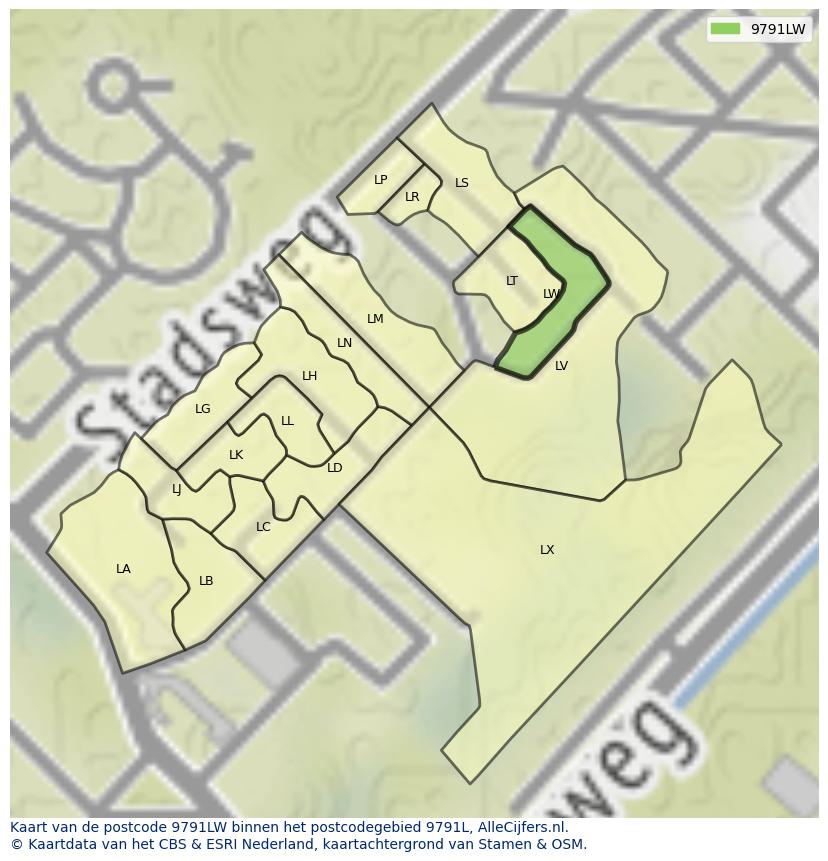 Afbeelding van het postcodegebied 9791 LW op de kaart.