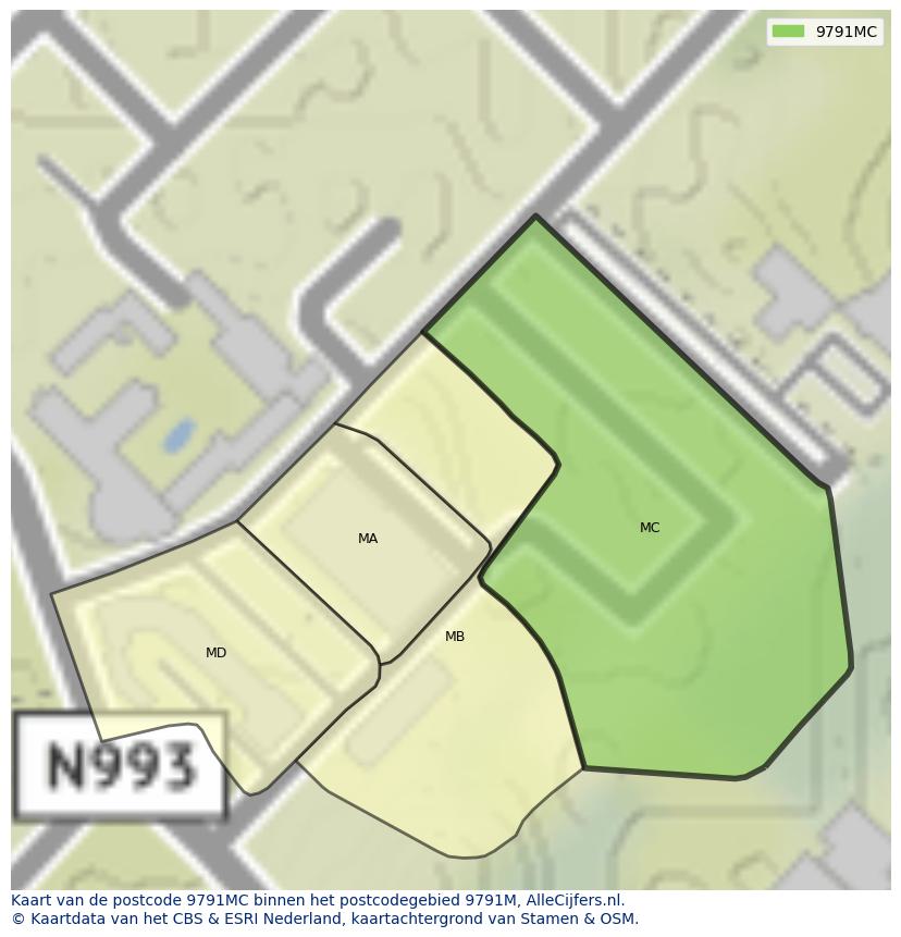Afbeelding van het postcodegebied 9791 MC op de kaart.
