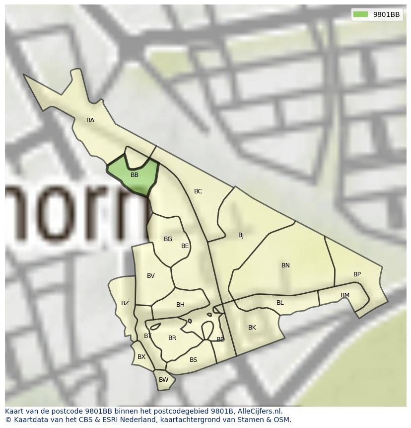 Afbeelding van het postcodegebied 9801 BB op de kaart.