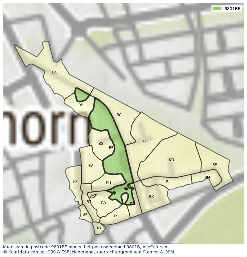 Afbeelding van het postcodegebied 9801 BE op de kaart.