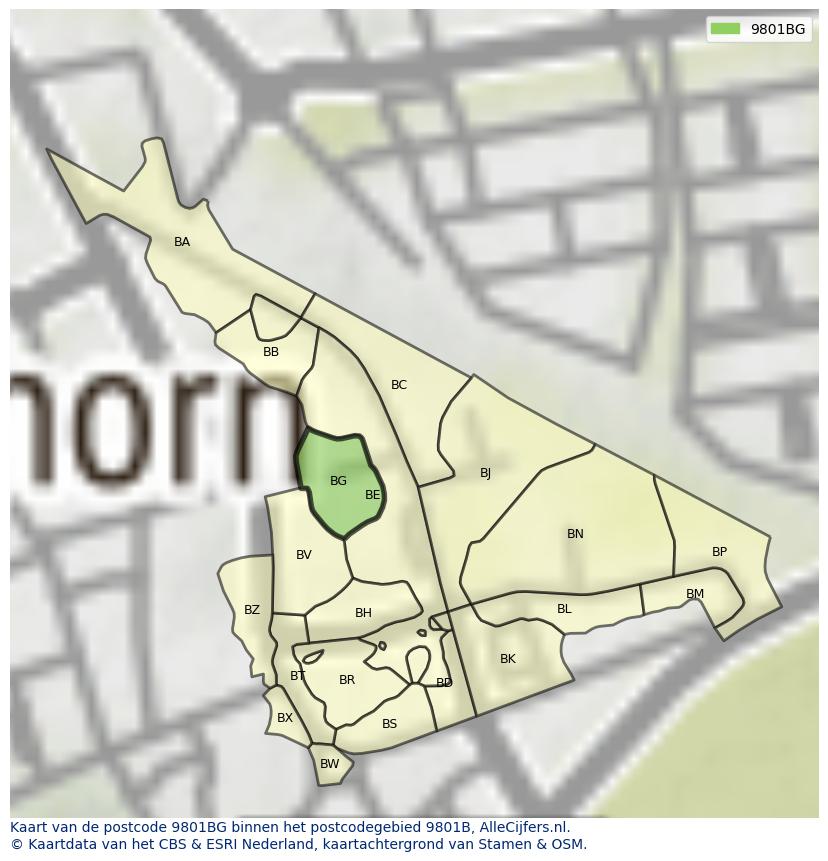 Afbeelding van het postcodegebied 9801 BG op de kaart.