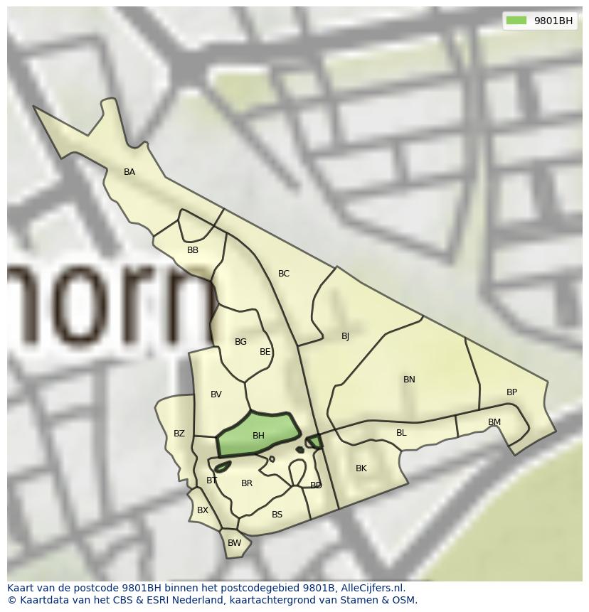 Afbeelding van het postcodegebied 9801 BH op de kaart.