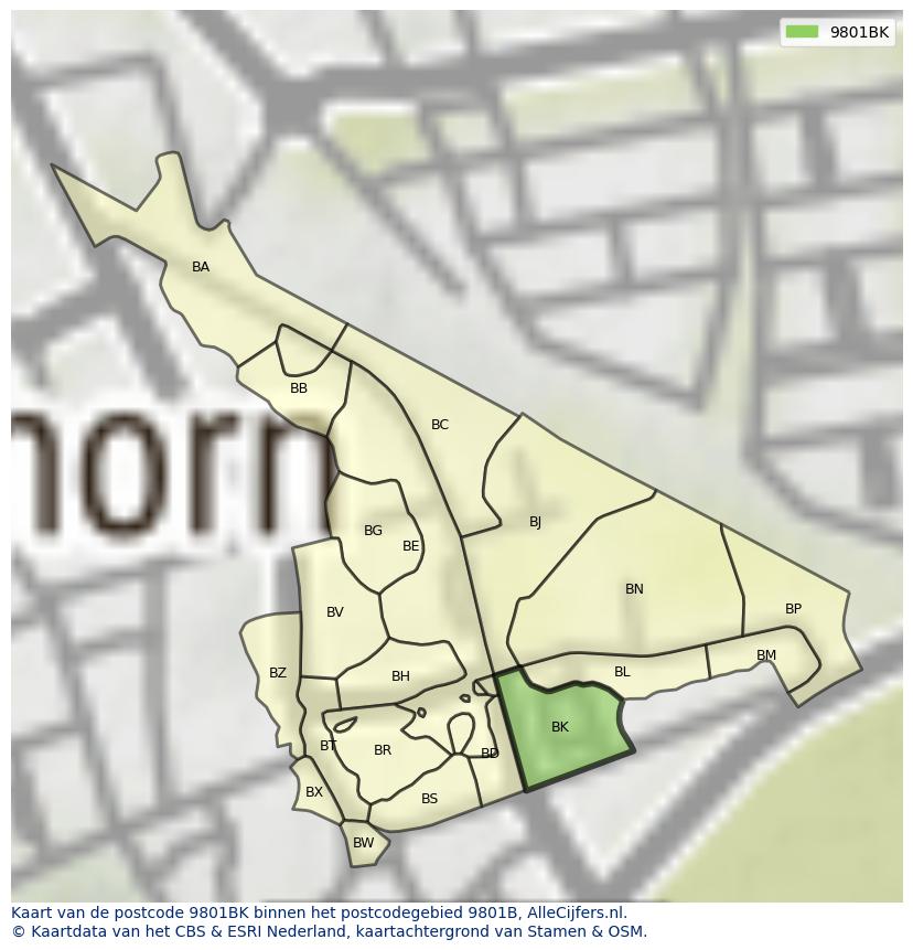 Afbeelding van het postcodegebied 9801 BK op de kaart.