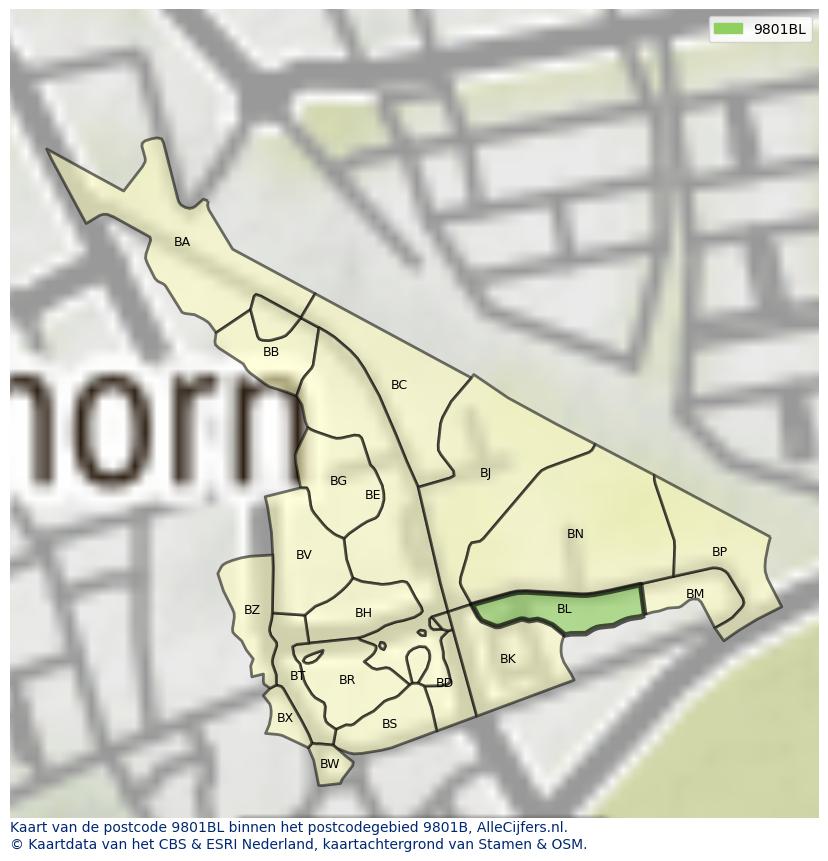 Afbeelding van het postcodegebied 9801 BL op de kaart.