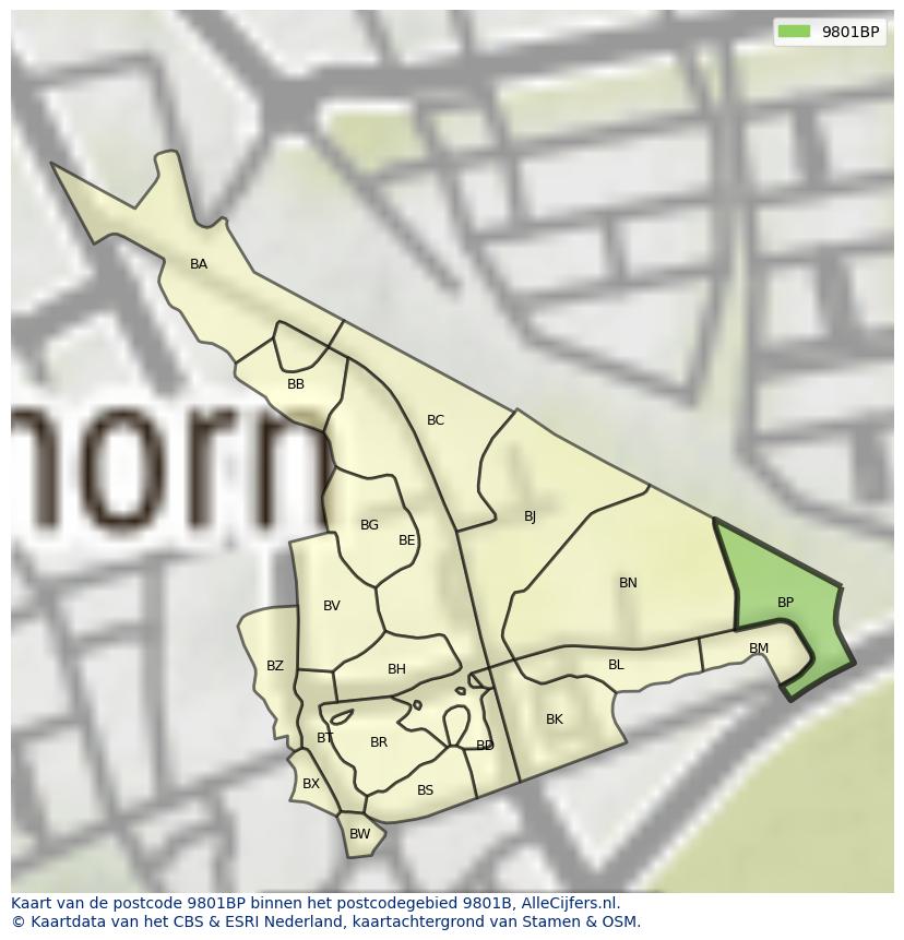 Afbeelding van het postcodegebied 9801 BP op de kaart.