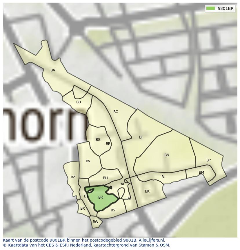 Afbeelding van het postcodegebied 9801 BR op de kaart.