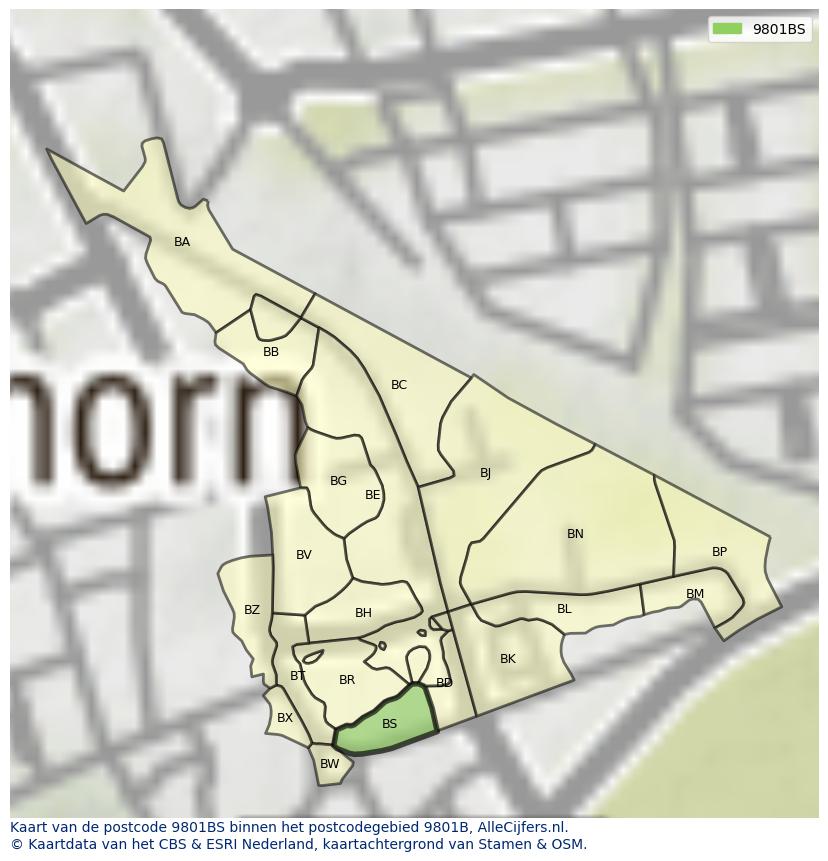 Afbeelding van het postcodegebied 9801 BS op de kaart.