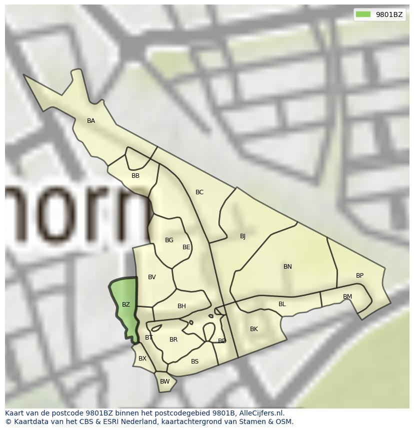 Afbeelding van het postcodegebied 9801 BZ op de kaart.