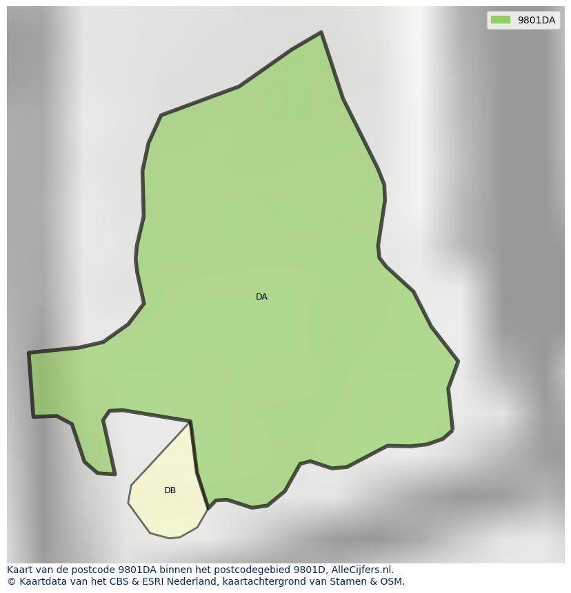 Afbeelding van het postcodegebied 9801 DA op de kaart.