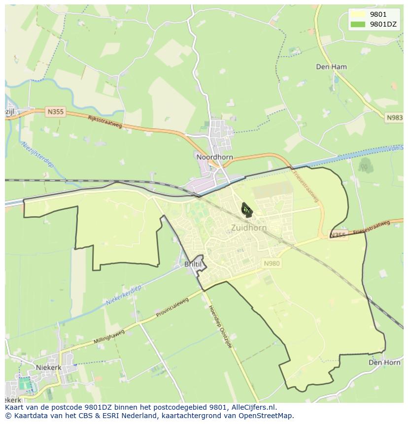 Afbeelding van het postcodegebied 9801 DZ op de kaart.