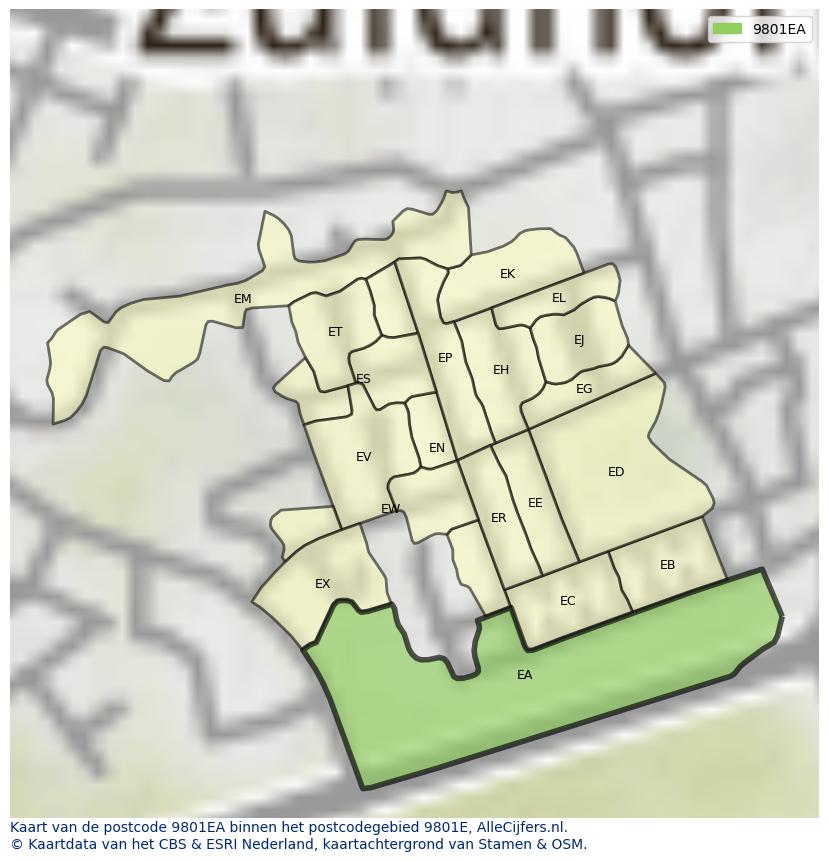 Afbeelding van het postcodegebied 9801 EA op de kaart.