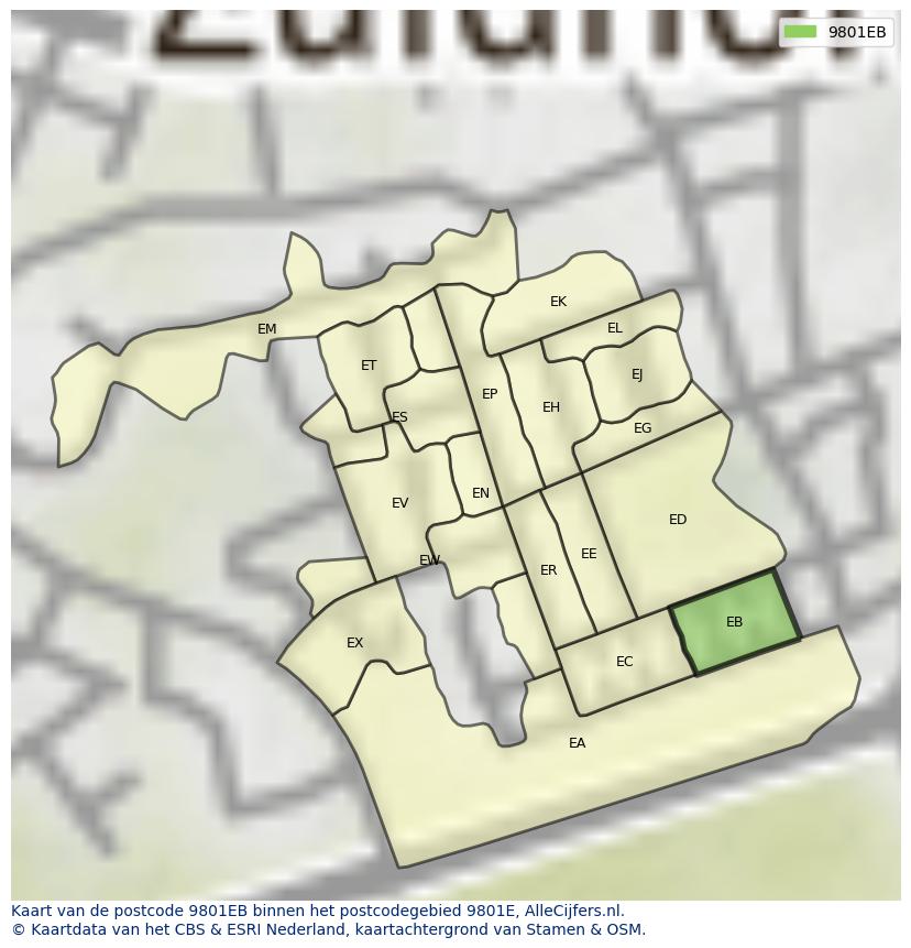 Afbeelding van het postcodegebied 9801 EB op de kaart.