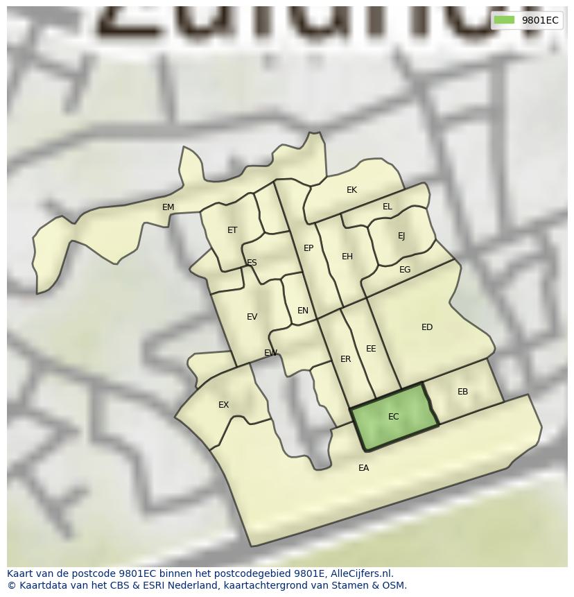 Afbeelding van het postcodegebied 9801 EC op de kaart.