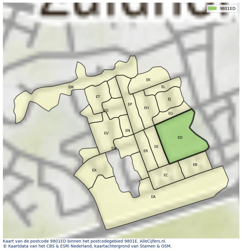 Afbeelding van het postcodegebied 9801 ED op de kaart.