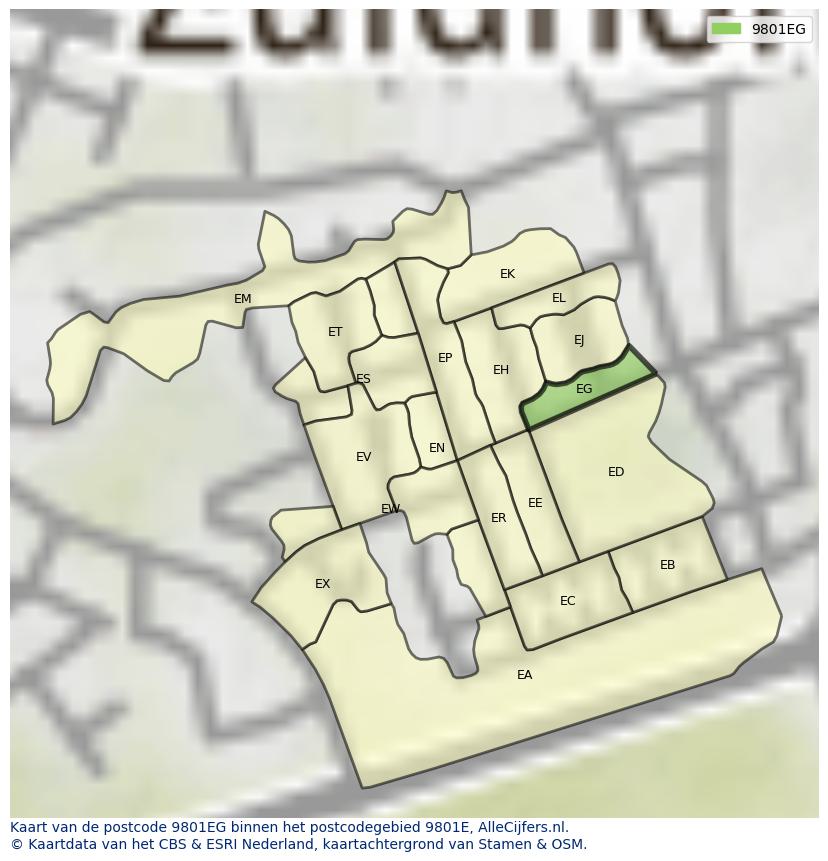 Afbeelding van het postcodegebied 9801 EG op de kaart.