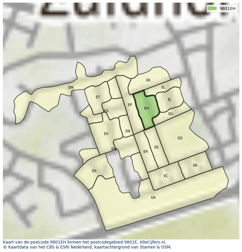 Afbeelding van het postcodegebied 9801 EH op de kaart.