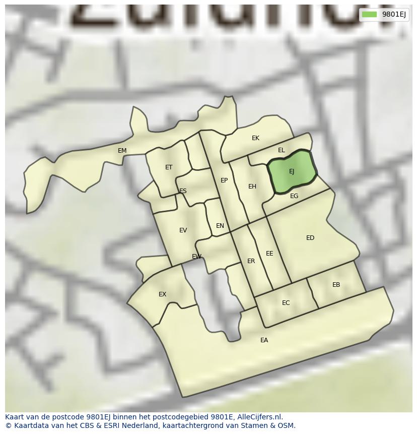 Afbeelding van het postcodegebied 9801 EJ op de kaart.