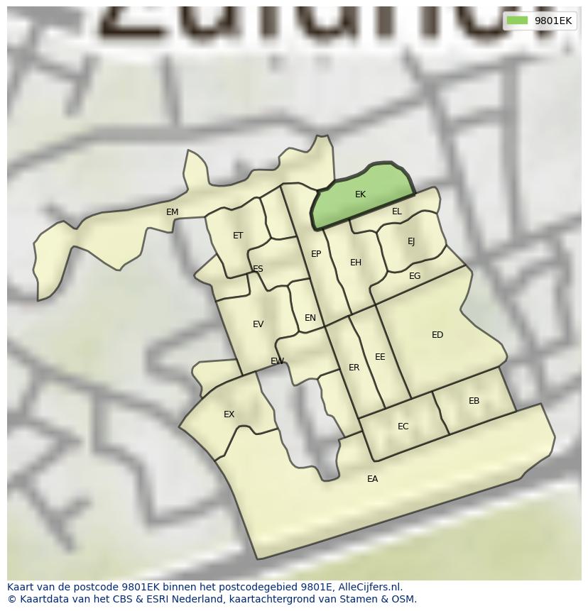 Afbeelding van het postcodegebied 9801 EK op de kaart.