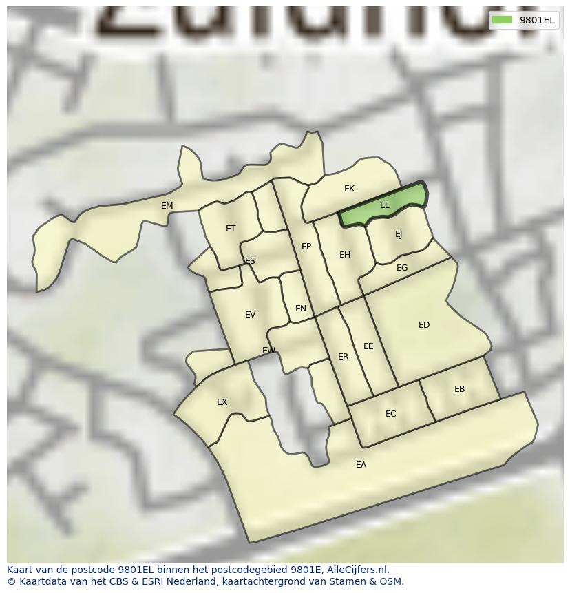 Afbeelding van het postcodegebied 9801 EL op de kaart.