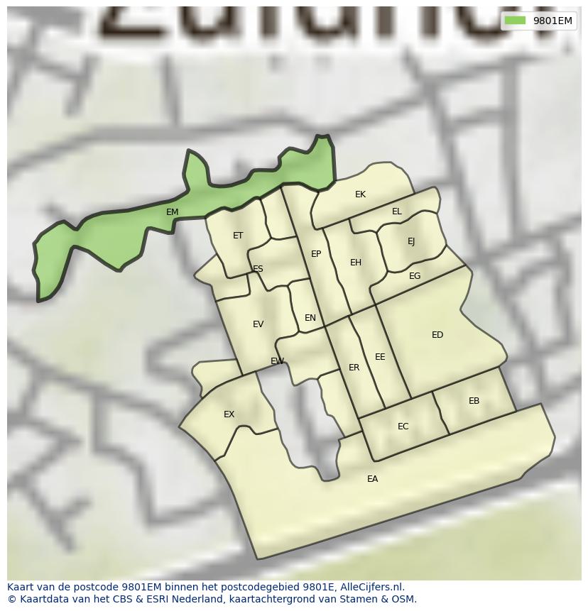 Afbeelding van het postcodegebied 9801 EM op de kaart.