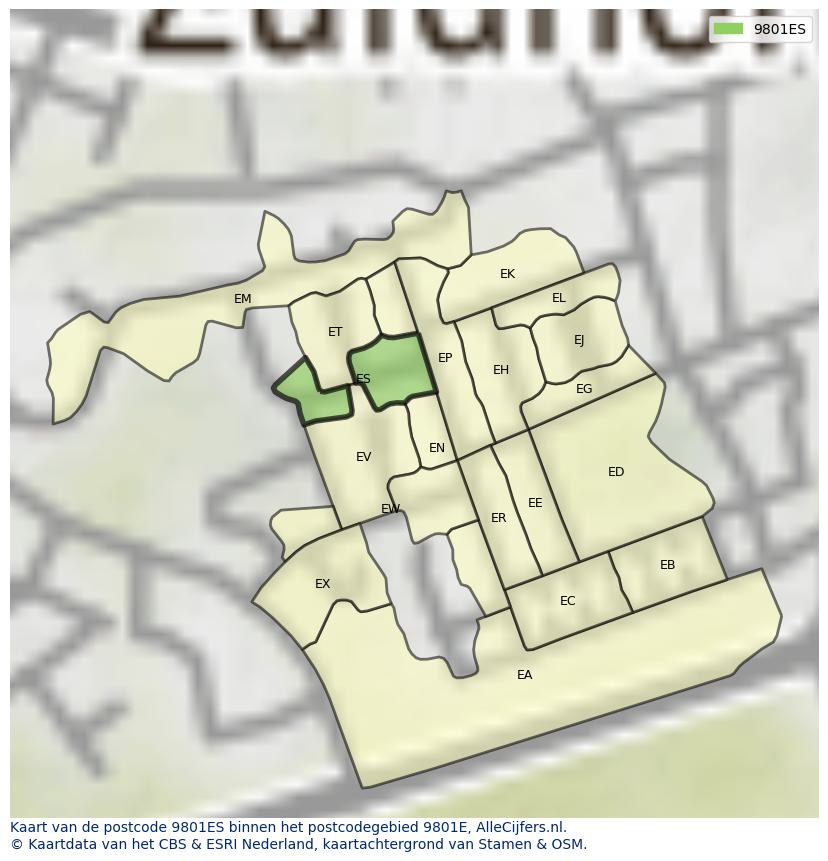 Afbeelding van het postcodegebied 9801 ES op de kaart.