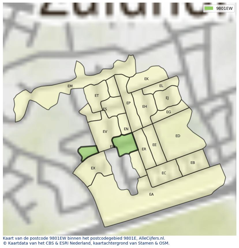 Afbeelding van het postcodegebied 9801 EW op de kaart.
