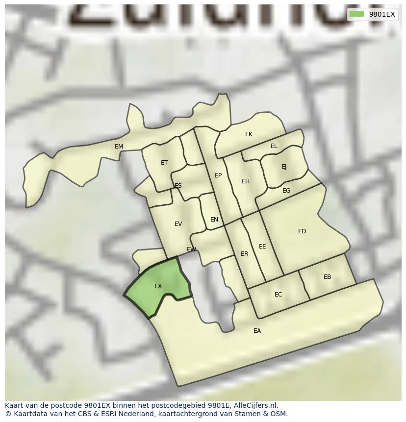 Afbeelding van het postcodegebied 9801 EX op de kaart.
