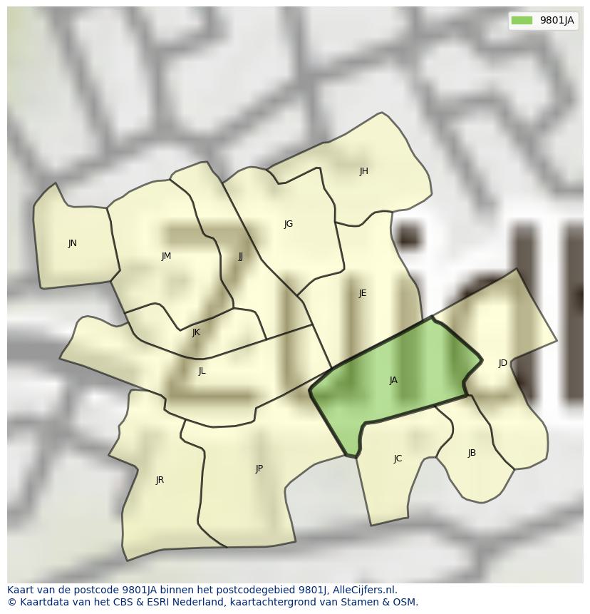 Afbeelding van het postcodegebied 9801 JA op de kaart.