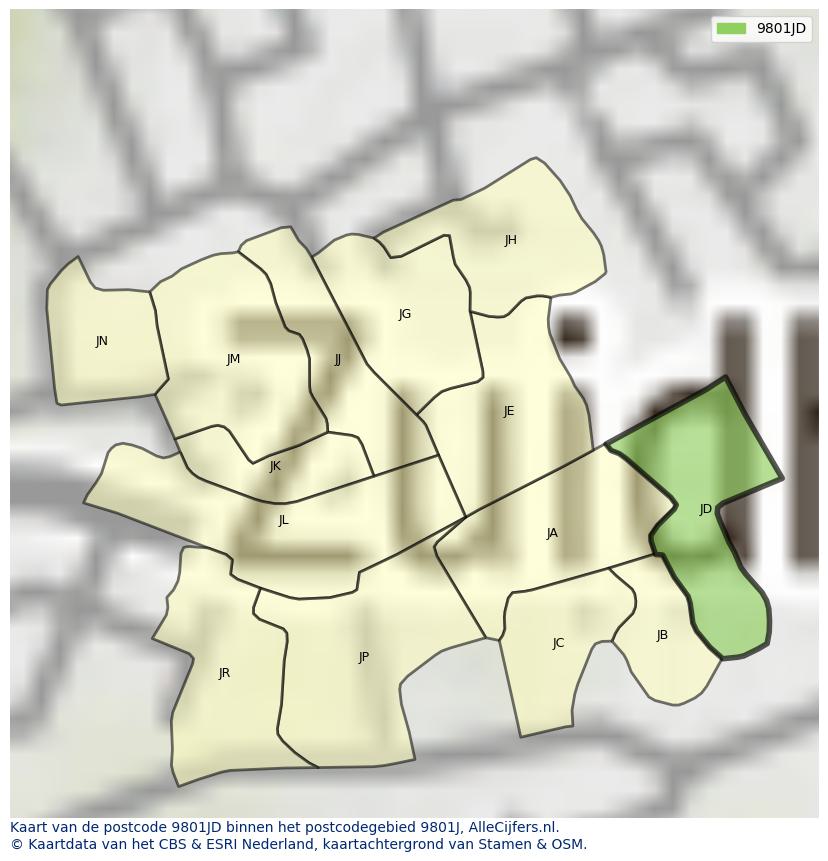 Afbeelding van het postcodegebied 9801 JD op de kaart.