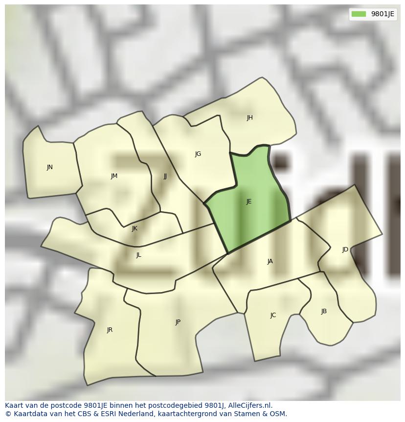Afbeelding van het postcodegebied 9801 JE op de kaart.