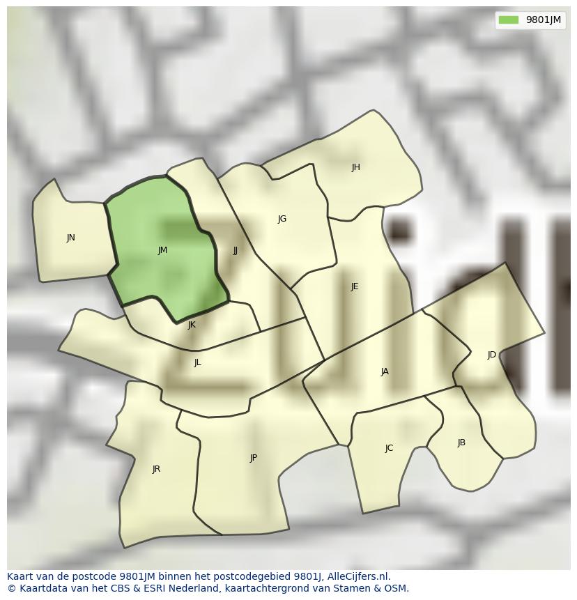 Afbeelding van het postcodegebied 9801 JM op de kaart.
