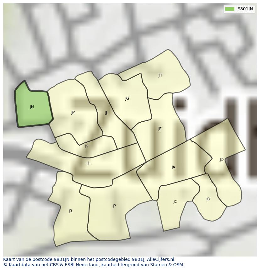 Afbeelding van het postcodegebied 9801 JN op de kaart.