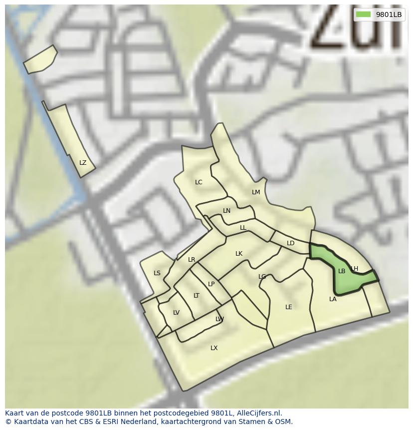 Afbeelding van het postcodegebied 9801 LB op de kaart.