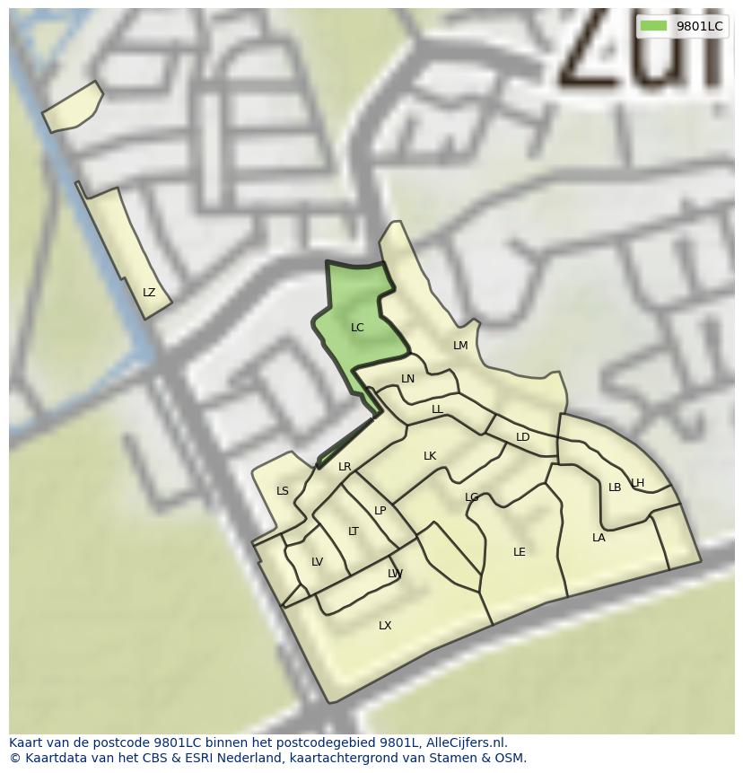 Afbeelding van het postcodegebied 9801 LC op de kaart.