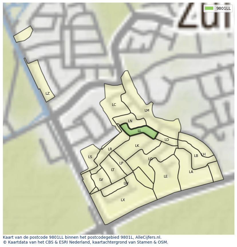 Afbeelding van het postcodegebied 9801 LL op de kaart.