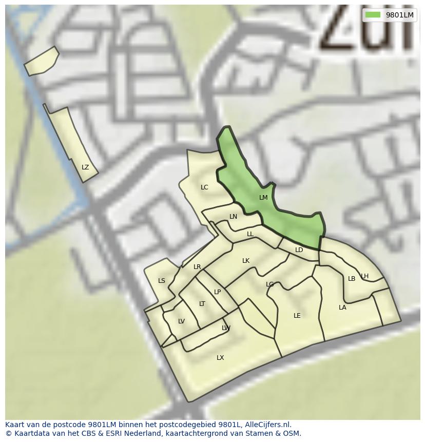 Afbeelding van het postcodegebied 9801 LM op de kaart.