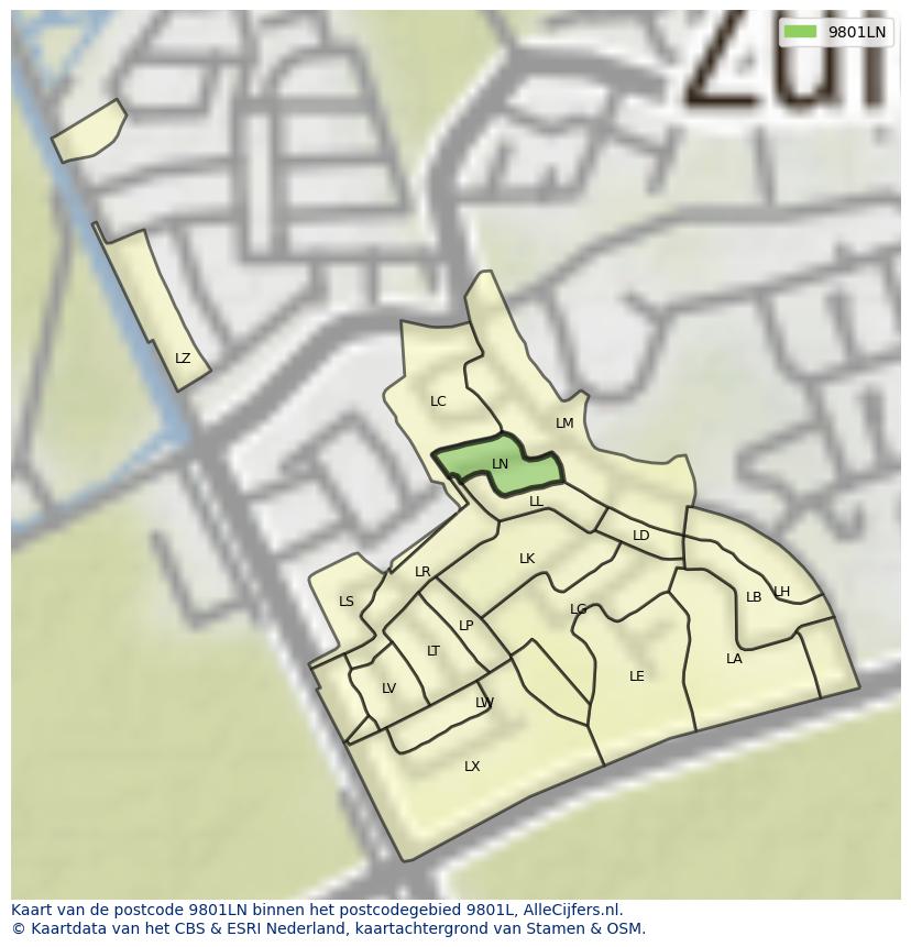 Afbeelding van het postcodegebied 9801 LN op de kaart.