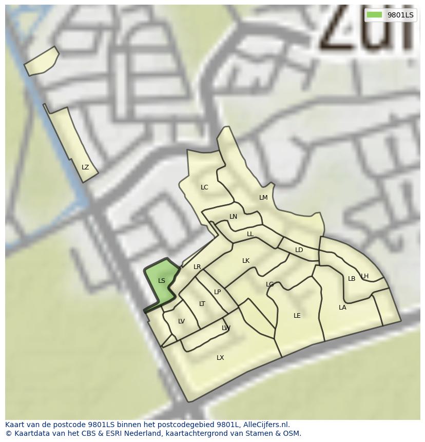 Afbeelding van het postcodegebied 9801 LS op de kaart.