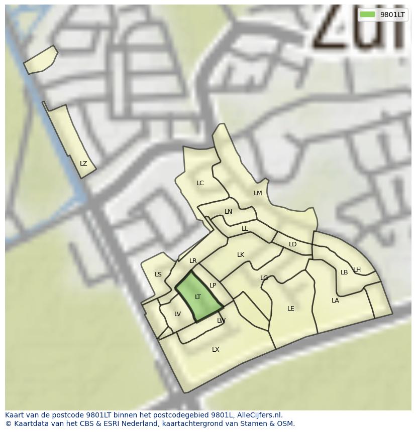 Afbeelding van het postcodegebied 9801 LT op de kaart.